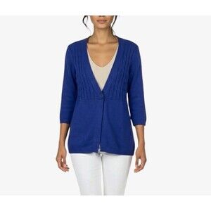 D&Co Women’s Small Cable Knit Sweater Cardigan Navy Blue One Button 3/4 Sleeve